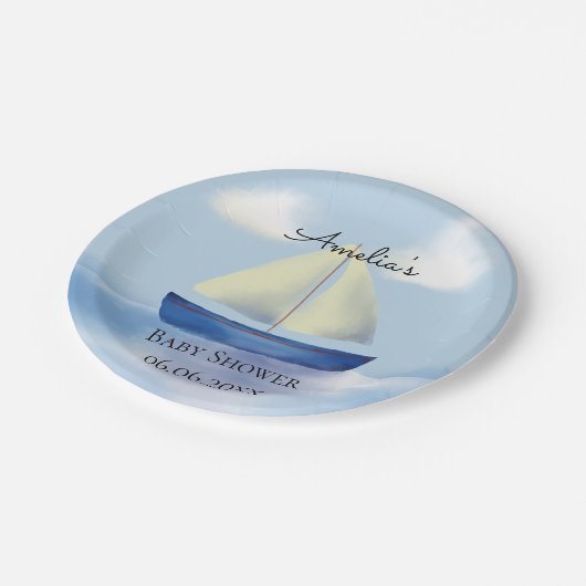 Gepersonaliseerd Blue Sailboat Baby shower Papieren Bordje (Gekanteld)