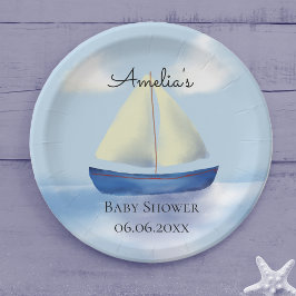 Gepersonaliseerd Blue Sailboat Baby shower Papieren Bordje