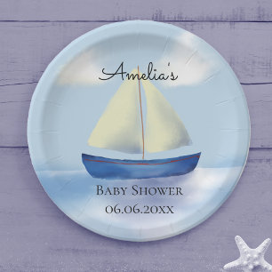 Gepersonaliseerd Blue Sailboat Baby shower Papieren Bordje