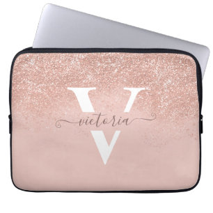 Gepersonaliseerd Blush Roze Glitter Modern Monogra Laptop Sleeve