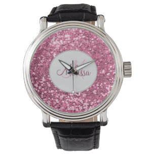 Gepersonaliseerd Blush Roze  Glitter Monogram Naam Horloge