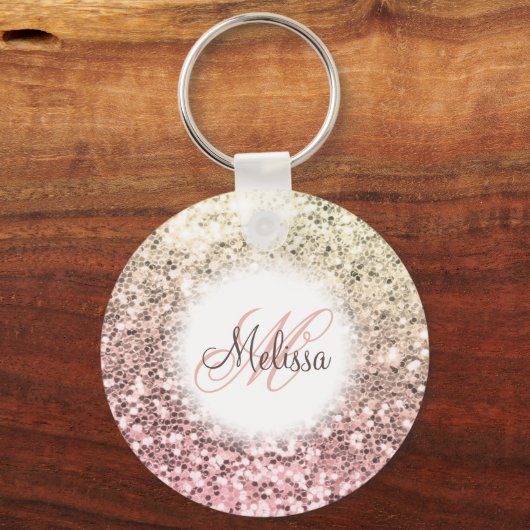Gepersonaliseerd Blush Roze Glitter Monogram Naam Sleutelhanger (Voorkant)