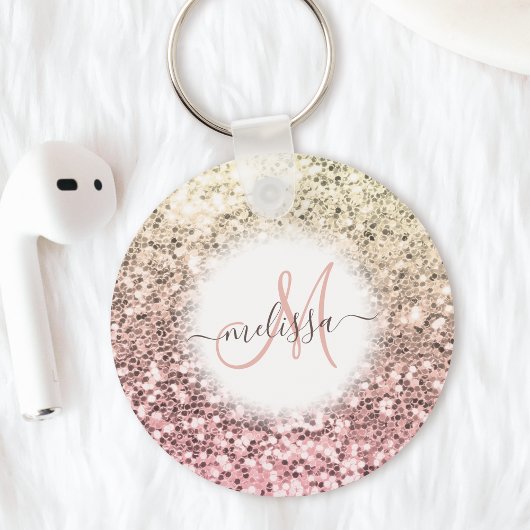 Gepersonaliseerd Blush Roze  Glitter Monogram Naam Sleutelhanger