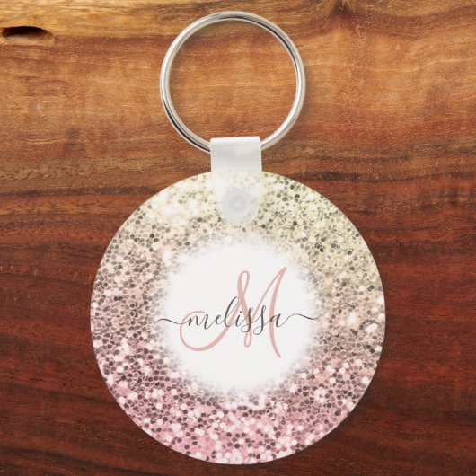 Gepersonaliseerd Blush Roze  Glitter Monogram Naam Sleutelhanger (Voorkant)