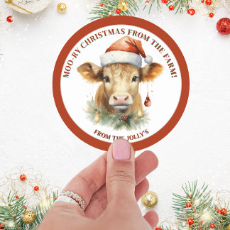 Gepersonaliseerd Boerderij Thema Koe Kerst Ronde Sticker