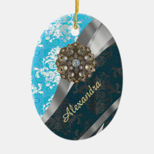 Gepersonaliseerd bord blauw  girly damask patroon keramisch ornament