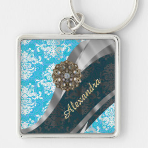 Gepersonaliseerd bord blauw girly damask patroon sleutelhanger