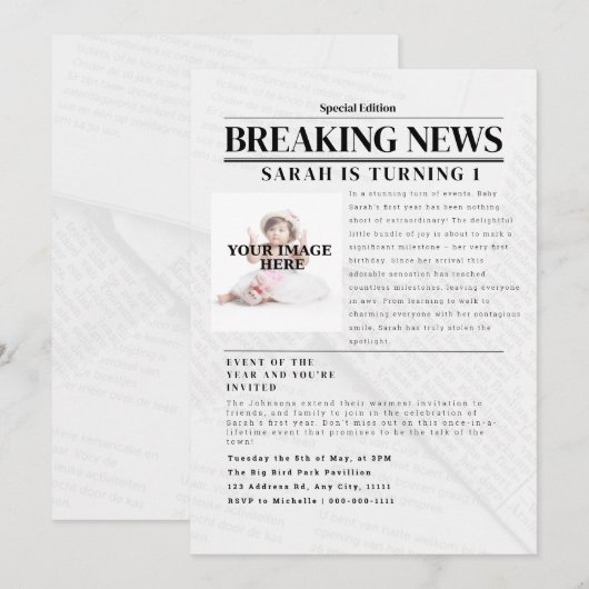 Gepersonaliseerd Breaking News: Kind verjaardagsfe Kaart (Voorkant / Achterkant)