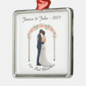 Gepersonaliseerd bruidspaar, onze eerste kerst, metalen ornament (Links)