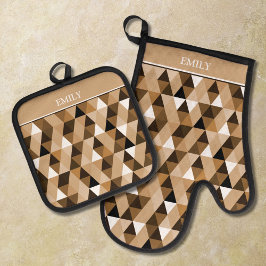 Gepersonaliseerd bruin geometrisch patroon ovenwant & pannenlap set