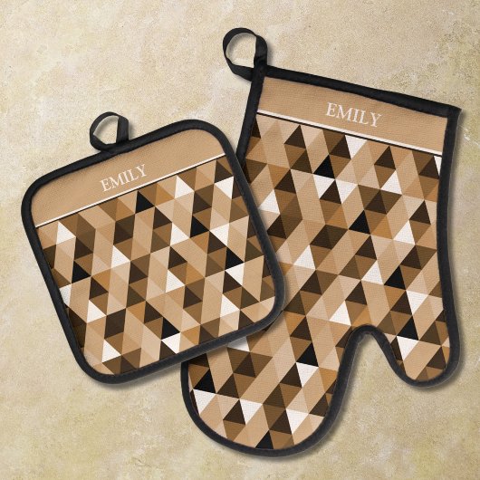 Gepersonaliseerd bruin geometrisch patroon ovenwant & pannenlap set