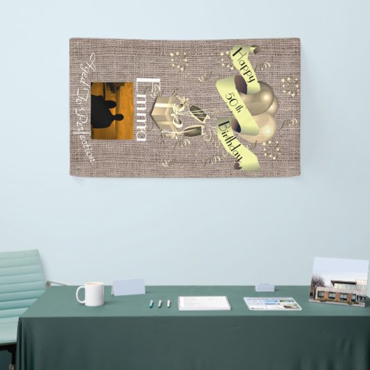 Gepersonaliseerd Burlap-effect Happy 50th Birthday Spandoek (Beurs)