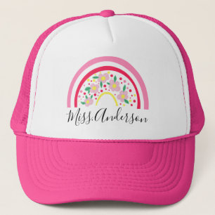 Gepersonaliseerd cadeau voor leraren met roze bloe trucker pet