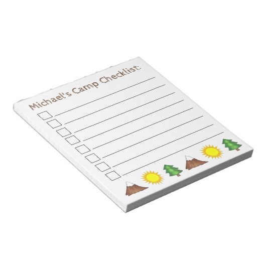Gepersonaliseerd Camp Checklist Sun Tree Mountain Notitieblok (Schuin)