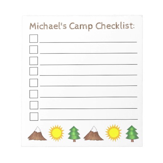 Gepersonaliseerd Camp Checklist Sun Tree Mountain Notitieblok (Voorkant)