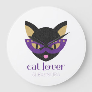 Gepersonaliseerd Cat Lover Cute Black Paars Gold Grote Klok