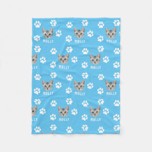 Gepersonaliseerd Cat Pet Foto & Naam Blauw Fleece Deken
