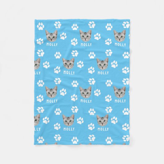 Gepersonaliseerd Cat Pet Foto & Naam Blauw Fleece Deken (Voorkant)