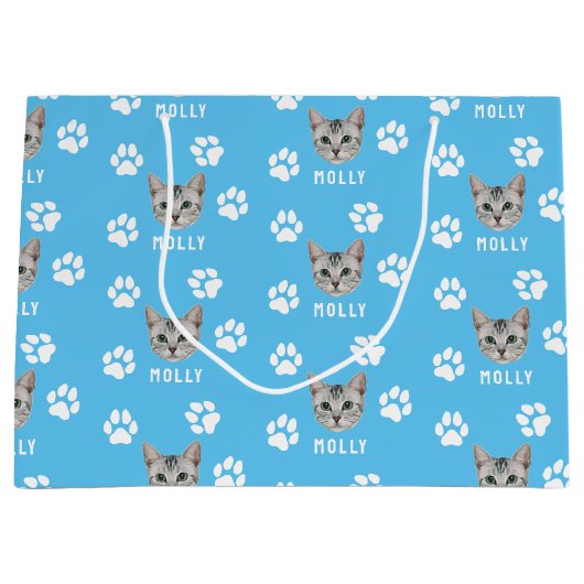 Gepersonaliseerd Cat Pet Foto & Naam Blauw Groot Cadeauzakje (Voorkant)