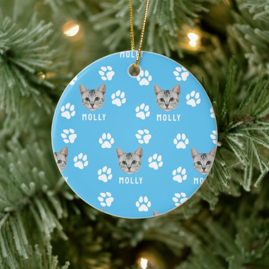 Gepersonaliseerd Cat Pet Foto & Naam Blauw Keramisch Ornament (Boom)