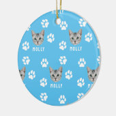 Gepersonaliseerd Cat Pet Foto & Naam Blauw Keramisch Ornament (Links)