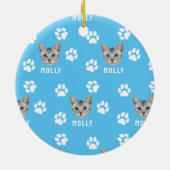 Gepersonaliseerd Cat Pet Foto & Naam Blauw Keramisch Ornament (Achterkant)