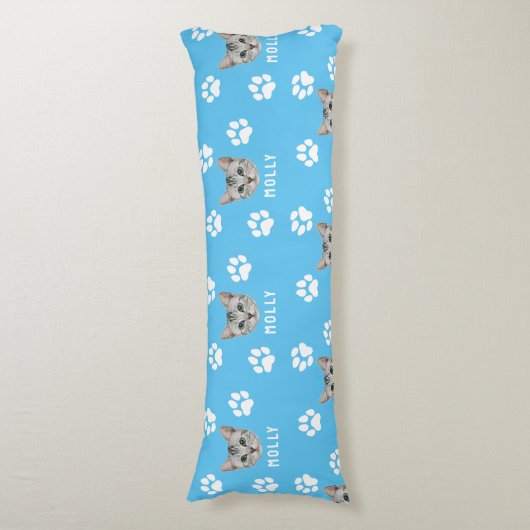 Gepersonaliseerd Cat Pet Foto & Naam Blauw Lichaamskussen (Voorkant Verticaal)