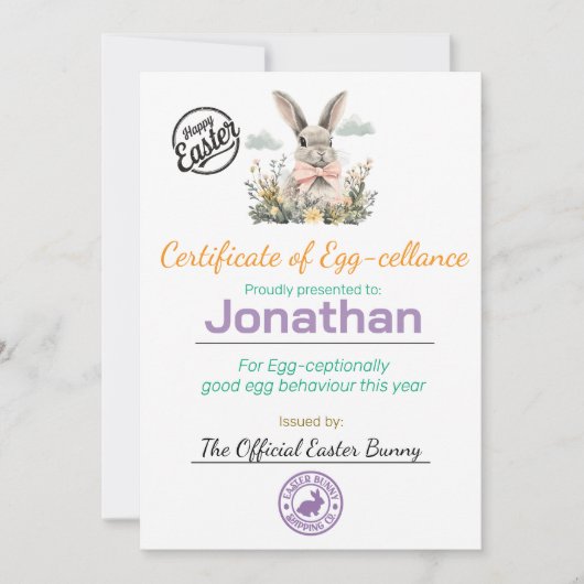 Gepersonaliseerd certificaat voor paaseieren van k kaart (Voorkant)