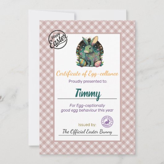 Gepersonaliseerd certificaat voor paaseieren van k kaart (Voorkant)