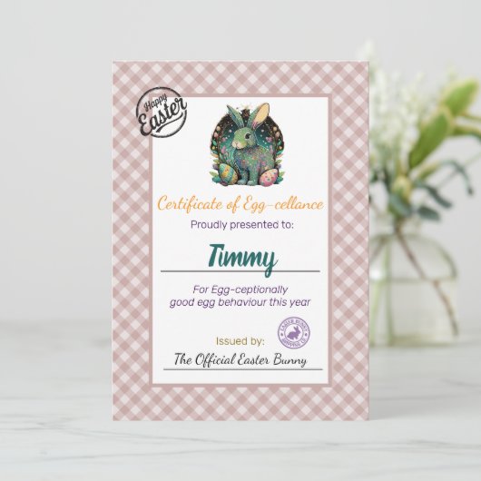 Gepersonaliseerd certificaat voor paaseieren van k kaart (Staand voorkant)