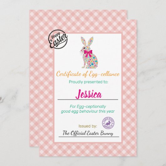 Gepersonaliseerd certificaat voor paaseieren van k kaart (Voorkant / Achterkant)