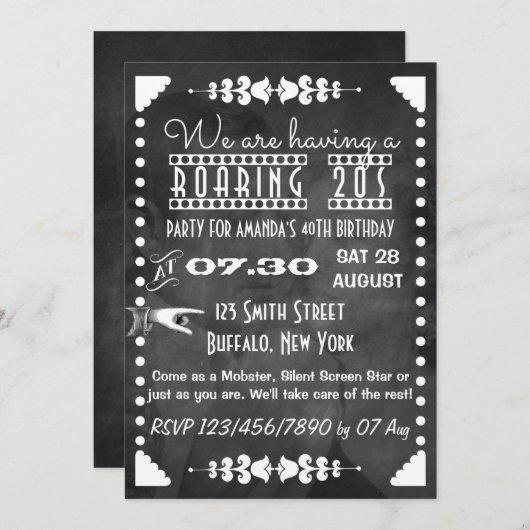 Gepersonaliseerd Chalkboard Roaring 20s Partij Kaart (Voorkant / Achterkant)