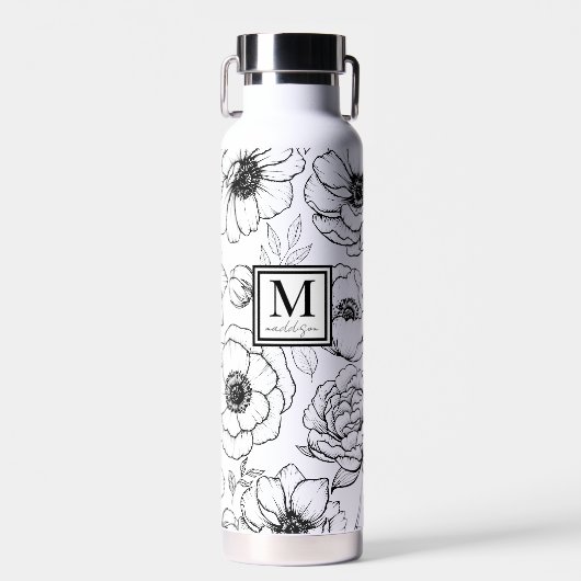 Gepersonaliseerd chique zwart wit monogram waterfles (Voorkant)
