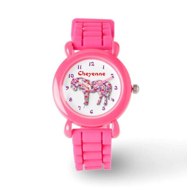 Gepersonaliseerd Classic Roze Hart Paard Pony Horl Horloge (Voorkant)