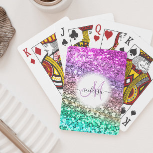Gepersonaliseerd Colorful Glitter Mermaid Monogram Pokerkaarten