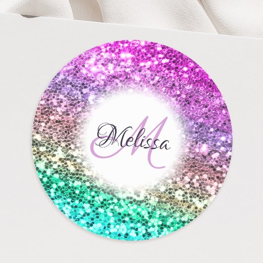 Gepersonaliseerd Colorful Glitter Mermaid Monogram Ronde Sticker