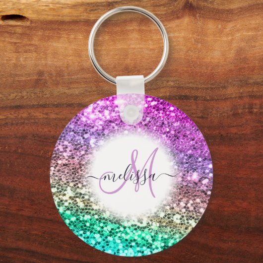 Gepersonaliseerd Colorful Glitter Mermaid Monogram Sleutelhanger (Voorkant)