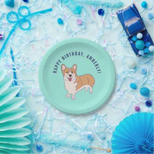 Gepersonaliseerd Corgi Dog Mint Groen Verjaardagsf Papieren Bordje (Feest)