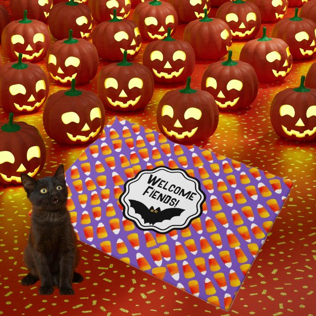 Gepersonaliseerd Crazy Candy Corn Black Bat Deurmat (Fiends, friends and family will love this fun Halloween doormat. Personalize it!)
