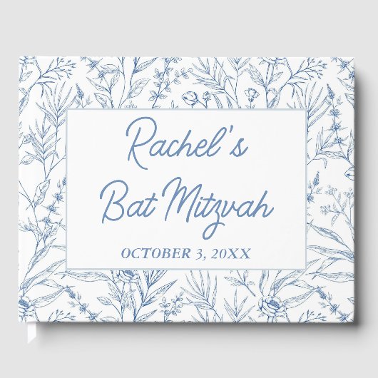 Gepersonaliseerd Dainty Blue Floral Mitzvah Gasten Gastenboek (Voorkant)