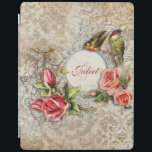 Gepersonaliseerd  Damask Roos iPad Cover<br><div class="desc">Romantisch -geïnspireerd design met ruimte voor personalisatie omgeven door bloeiende middelen, vogels en spoedsprays van rozen op een demperende demastische achtergrond. Opmerking: gespleten, gegraveerde, in reliëf gegraveerde en dimensionele effecten, gelaagde, verouderde of gereduceerde weergave, digitaal bereikte texturen en schaduwen. Het werkelijke product heeft een vlak oppervlak. Achtergrondartikel van de Franse...</div>