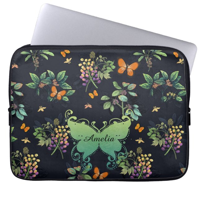  gepersonaliseerd Dark Floral Butterfly Pattern Laptop Sleeve (Voorkant)