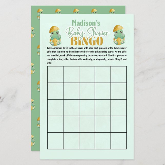 Gepersonaliseerd Dino Bingo Baby shower spel (Voorkant / Achterkant)
