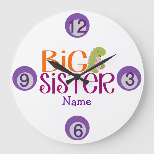 Gepersonaliseerd Dinosaur Big Sister Wall Clock Grote Klok (Voorkant)