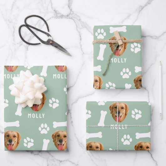 Gepersonaliseerd Dog Pet Foto & Naam Sage Groen Inpakpapier Vel (Voorkant)