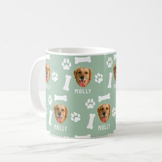 Gepersonaliseerd Dog Pet Foto & Naam Sage Groen Koffiemok (Voorkant links)