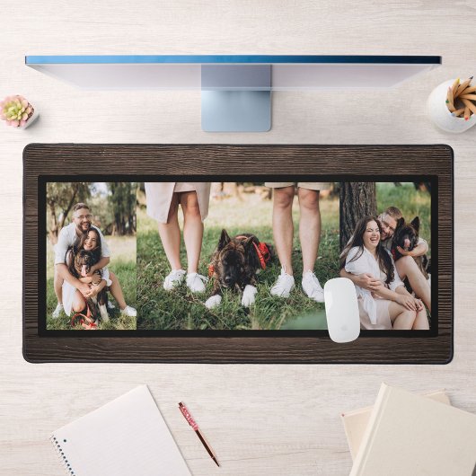 Gepersonaliseerd donker hout 3 foto collage bureau bureaumat