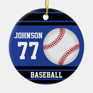 Gepersonaliseerd Donkerblauw en Zwart Honkbal   Keramisch Ornament