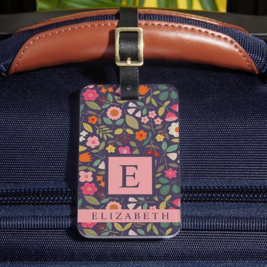 Gepersonaliseerd Donkerblauwe bloemige veelkleurig Bagagelabel (Voorkant Insitu 2)