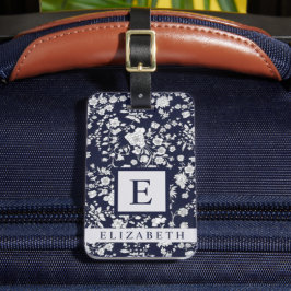 Gepersonaliseerd donkermarineblauw bloemwit bagagelabel